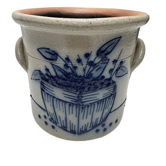 1992 Salmon Falls Blue Decorated Stoneware Blue Berries Basket CrockWare Pottery - Picture 7 of 13